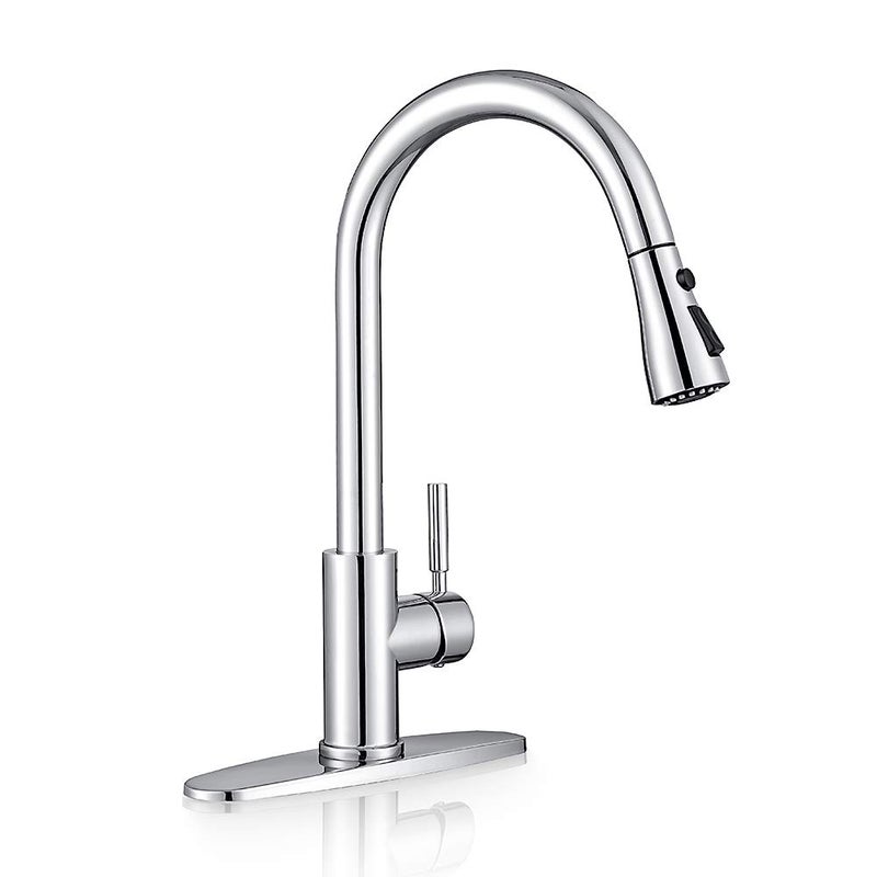 WEWE Sink Faucet, Pull Down Kitchen Faucet with Sprayer Low Lead Commercial Modern Stainless Steel rv Farmhouse Kitchen Faucet Single Handle 1 or 3 Hole Kitchen Sink Faucet, Polished Chrome - Image 1